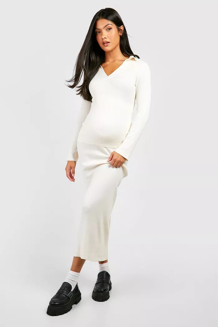 Maternity Polo Collar Rib Knit Top And Maxi Skirt Set | Boohoo.com (UK & IE)