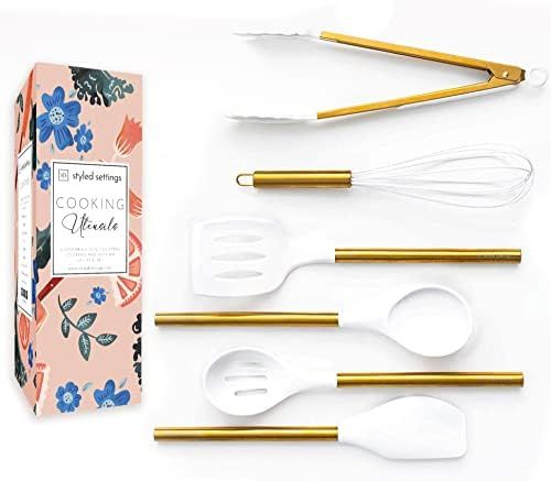 White Silicone and Gold Cooking Utensils for Modern Cooking and Serving, Stainless Steel Gold Servin | Amazon (US)
