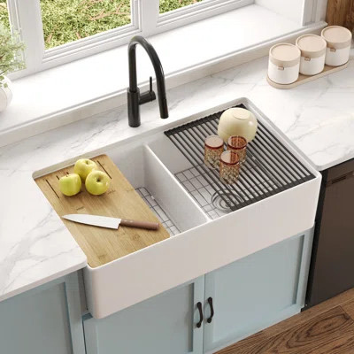 Deervalley 36" L X 20" W Double Bowl Workstation Farmhouse Kitchen Sink With Sink Grids, Cutting Board & Dish-Drying Rack | Wayfair North America