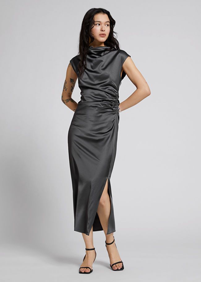 Fitted Twist Seam Midi Dress | Grey Satin Dress | Evening Dress | Cocktail Dress | Party Dress | & Other Stories US