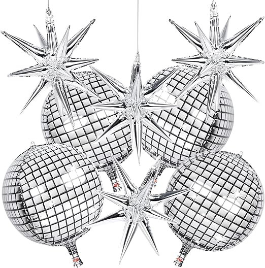 8 PCS 22Inch Silver Disco Ball Ballons, 4D Large Foil Balloons with Metallic Star for 70s Disco D... | Amazon (US)