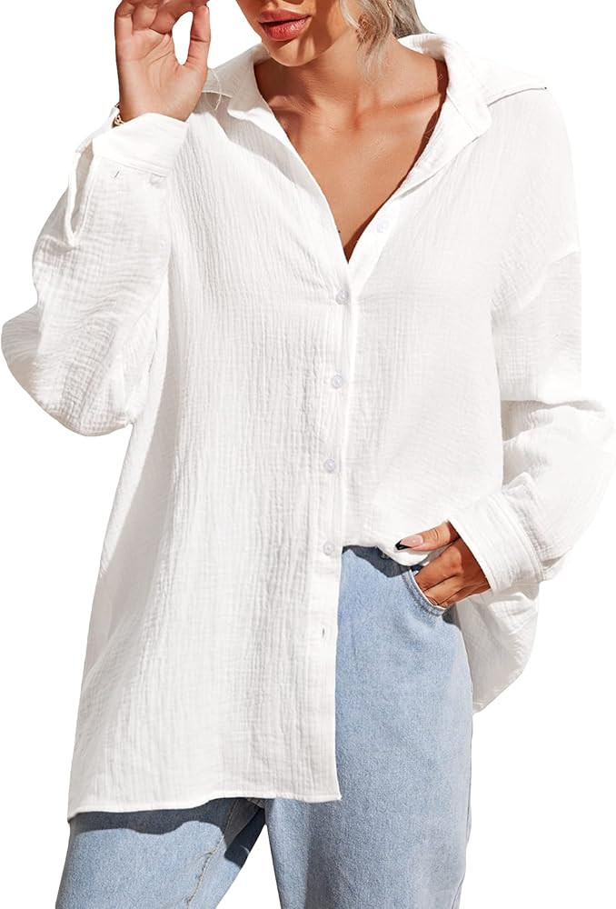 MakeMeChic Women's Oversized Button Down Shirts Collared Button Up Shirt Blouse Top | Amazon (US)