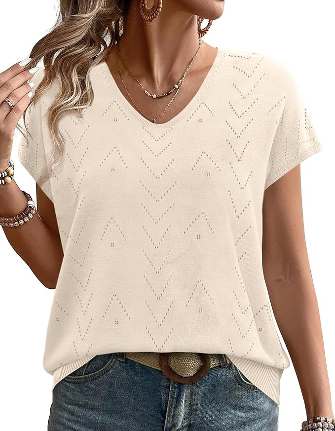 WIHOLL Short Sleeve Sweater for Women V Neck Trendy Cute Tops Business Casual Outfits Cap Sleeve | Amazon (US)