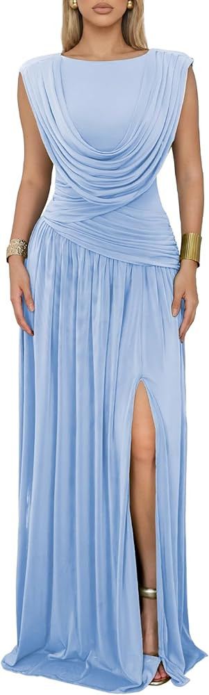 Women's Convertible Cowl Neck Maxi Dress Sleeveless Ruched Mesh Bridesmaid Wedding Guest Cocktail... | Amazon (US)