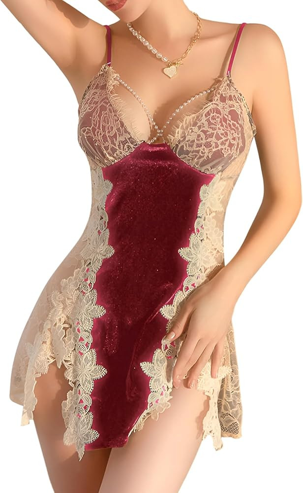 Lilosy Sexy Pearls Split Padded Velvet Appliques Lace Floral Sheer Mini Lingerie Dress | Amazon (US)