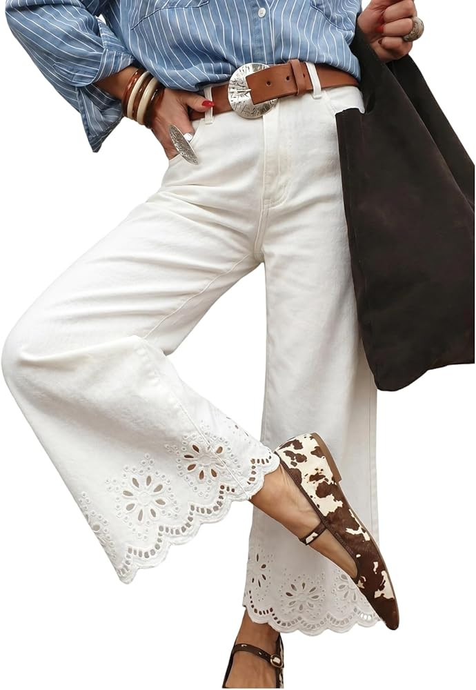 Sidefeel Womens Wide Leg Embroidered Jeans High Waisted Stretchy Straight Leg Loose Fit Ankle Den... | Amazon (US)