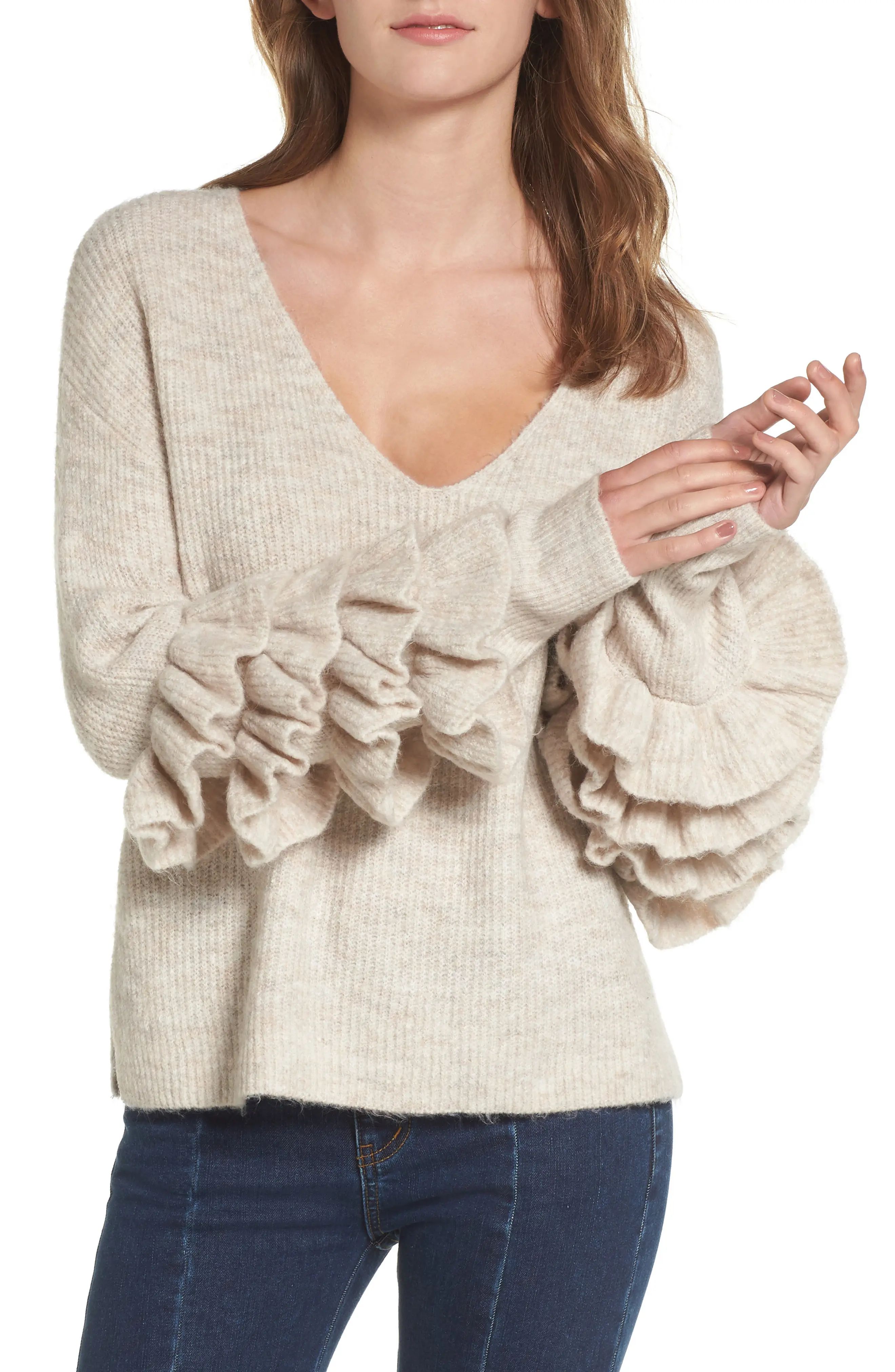 Ruffle Sleeve V-Neck Sweater | Nordstrom