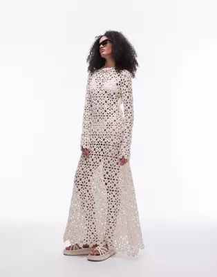 Topshop knit crochet long sleeve maxi dress in cream | ASOS | ASOS (Global)