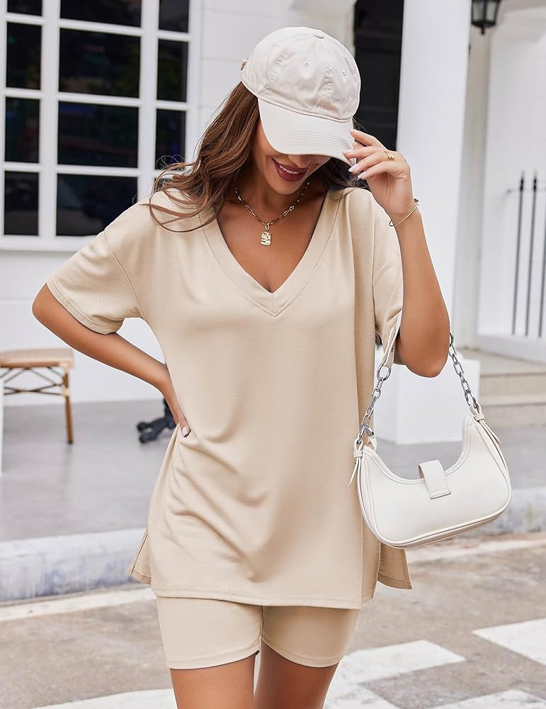 Ekouaer Womens Pajamas 2 Piece Lounge Sets Oversized V Neck T-Shirts Tops Biker Shorts Set Workou... | Amazon (US)