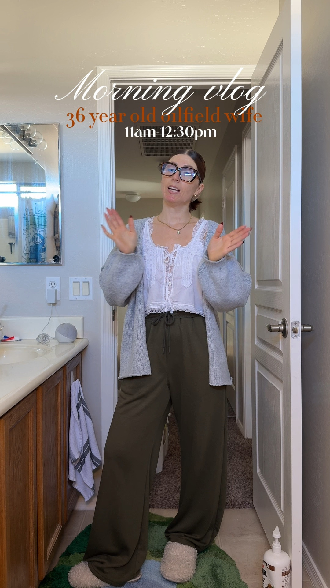 •White boho button front lace tank- size S
•Grey chunky sweater- size L
•Green drawstring pants w/ pockets- size M
•Gold hoops, necklace, ring- hypoallergenic 
•Blue light blockers- for small faces
•Fuzzy slippers- runs a smidge small 

#LTKvlog #LTKootd #LTKPetite