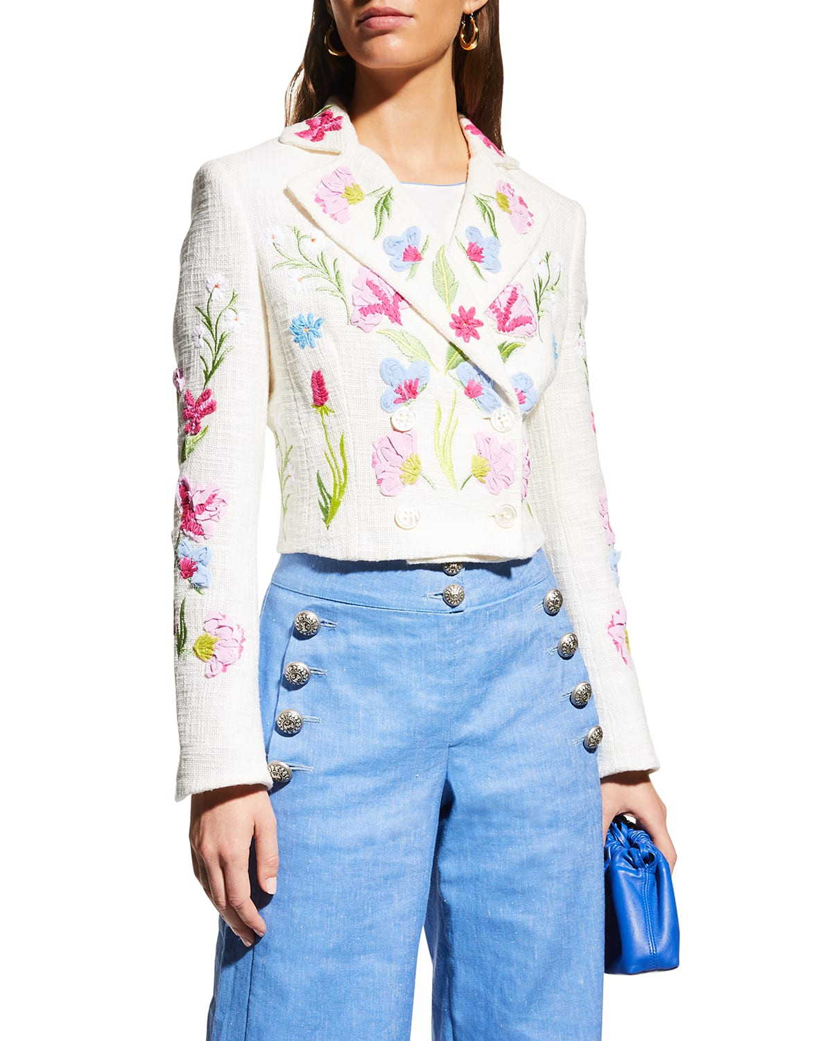 Floral Embroidered Double-Breasted Crop Jacket | Neiman Marcus