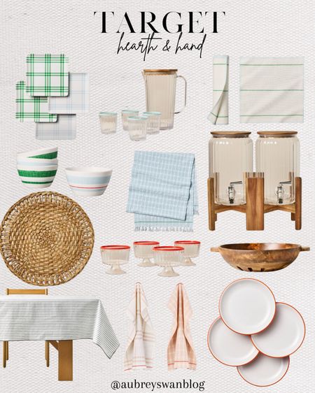 Target’s Hearth and Hand has a new kitchen like releasing. Get these products for your summer dinners! 

Target finds, Hearth & Hand, woven charger, square plaid plates, double beverage dispenser, pitcher and glass set 