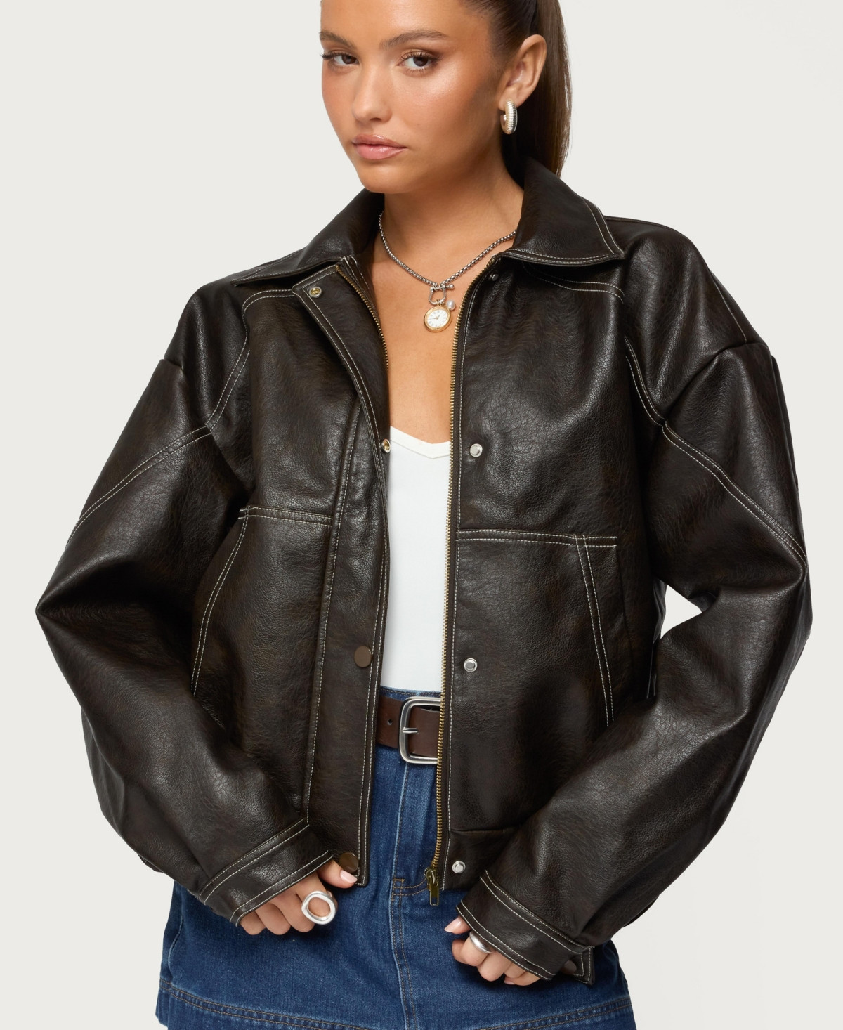 Edikted Women's Jaxson Oversized Faux Leather Bomber Jacket - Dark-brown | Macy's