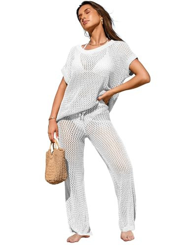 Famulily White Casual Swimwear Cover Up Set Crochet Bathing Suit Cover Ups for Women 2 Piece Beach Wear White L | Amazon (US)