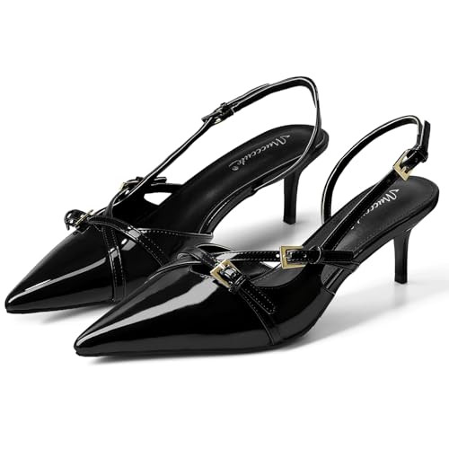 MUCCCUTE Black Kitten Heels for Women Pointed Toe Slingback Low Heels with Buckle Strap Heeled Pumps US Size 10.5 | Amazon (US)
