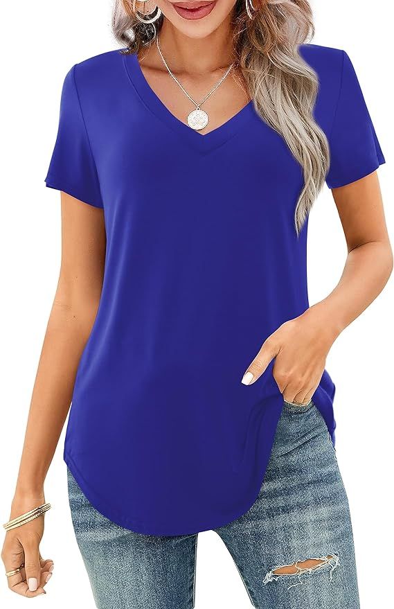 Womens Tops Shirts Summer Casual V Neck Short Sleeve T-Shirts | Amazon (US)