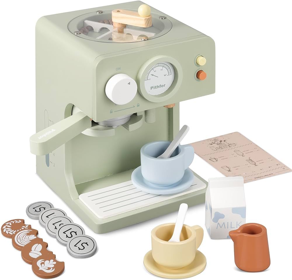 Pithfor Kids Wooden Coffee Maker Toy with Grinder, Pretend Play Kitchen Appliances & Accessories ... | Amazon (US)