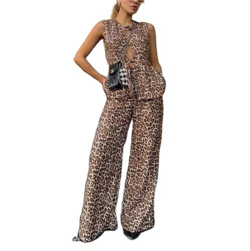 SOOKABEILA Women Y2k 2 Piece Tie Front Set Leopard Print Lace Up Vest Wide Leg Pants Sleeveless Causal Loose Pajama Sets (Brown, S) | Amazon (US)