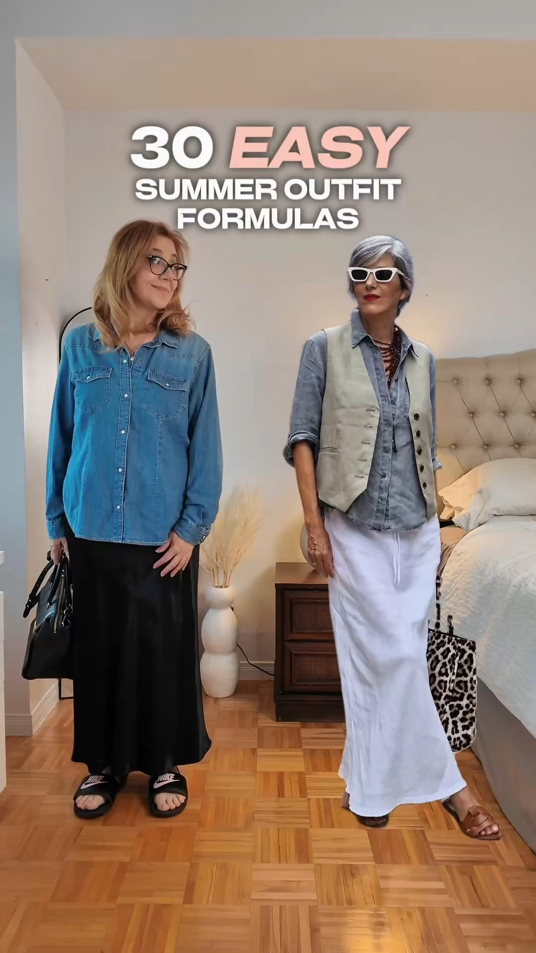 30 summer outfits from Pinterest recreated from my own closet series. This is a transitional outfit as it’s getting cooler and closer to fall - a white skirt with a blue denim shirt and a linen waistcoat and leopard print tote. It’s a cool outfit with a character, but easy to recreate.

Would you wear this outfit? ⬇️ Which one do you like better - me or Pinterest? Vote below⬇️

Save this for inspiration, share it with a friend, and tell me which outfit I should recreate next?

Follow for more easy tips on style, beauty and lifestyle for women over 50.

#falloutfits #OutfitFormulas #Over50Style #WearWhatYouOwn #summeroutfits

#LTKfall #LTKsummer #LTKover50style