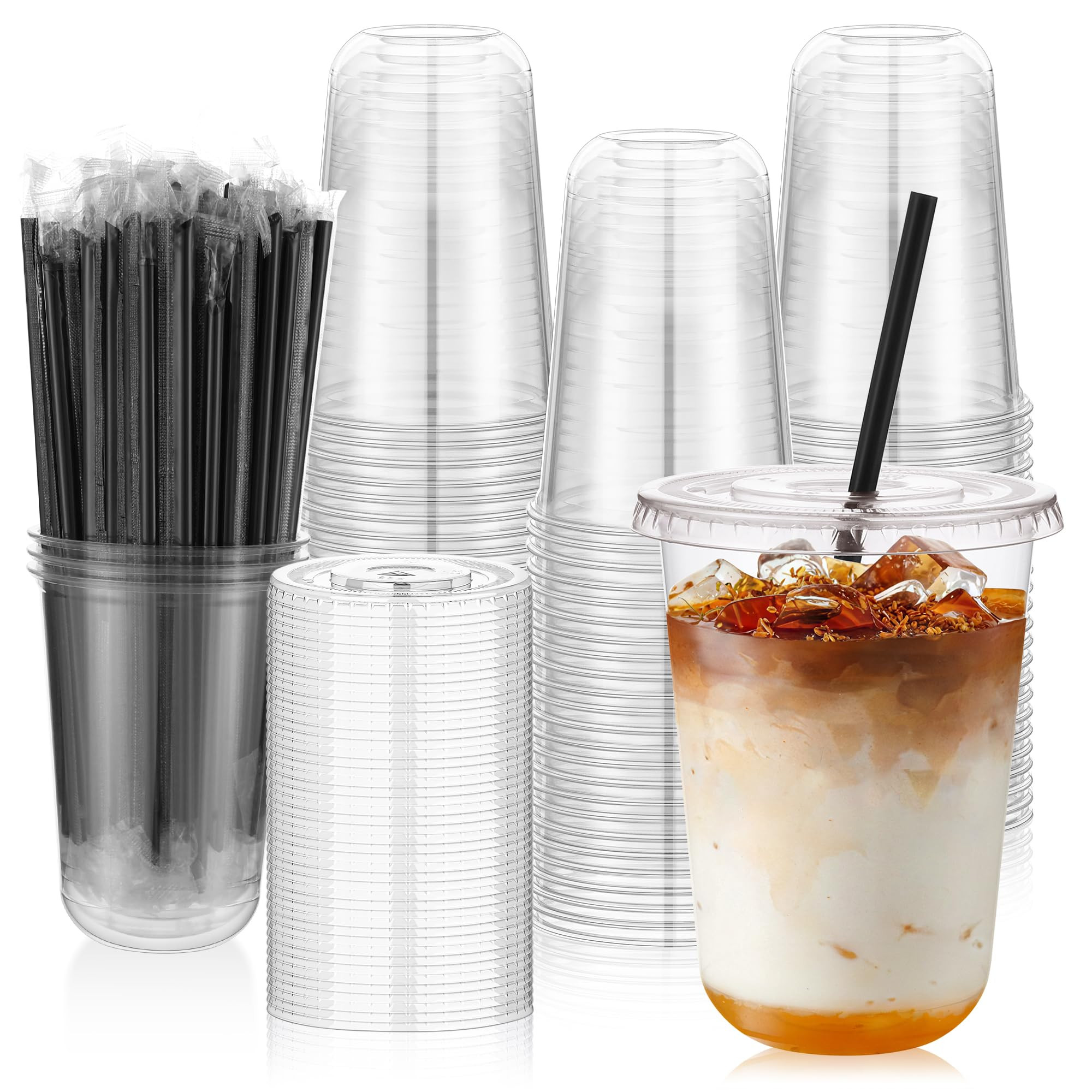 tchrules 100 Set 16oz Plastic Cups with Lids and Straws, Disposable Clear Iced Coffee Cup with Li... | Amazon (US)