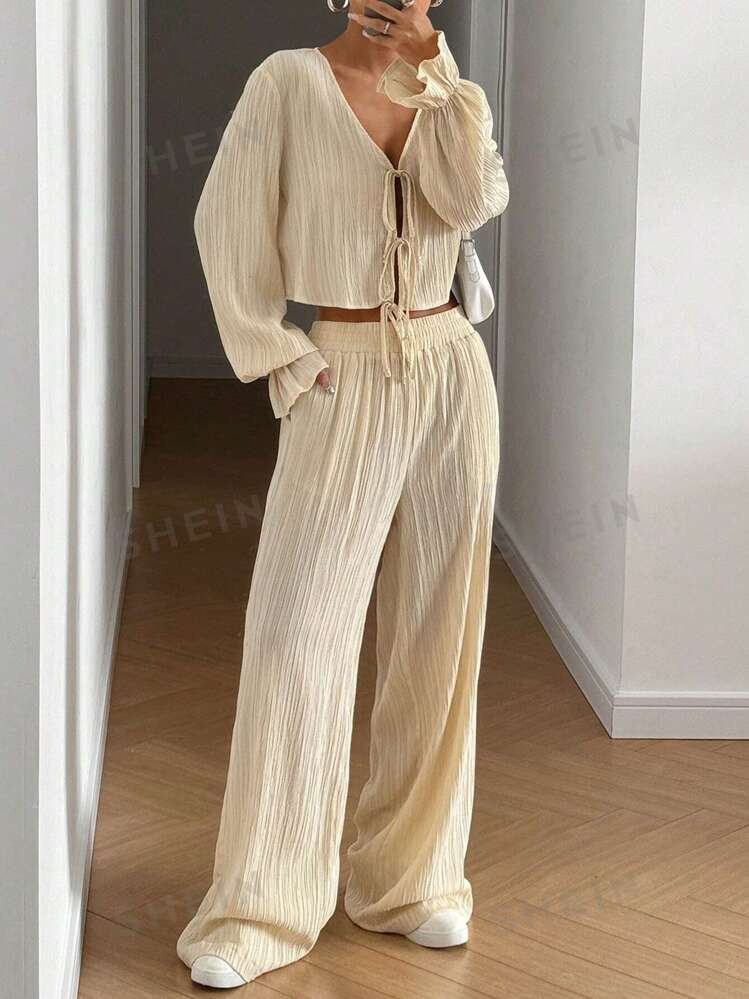 SHEIN EZwear 2pcs Women Spring Autumn Solid Color Tie Front Long Sleeve Shirt And Pocket Pants Ca... | SHEIN