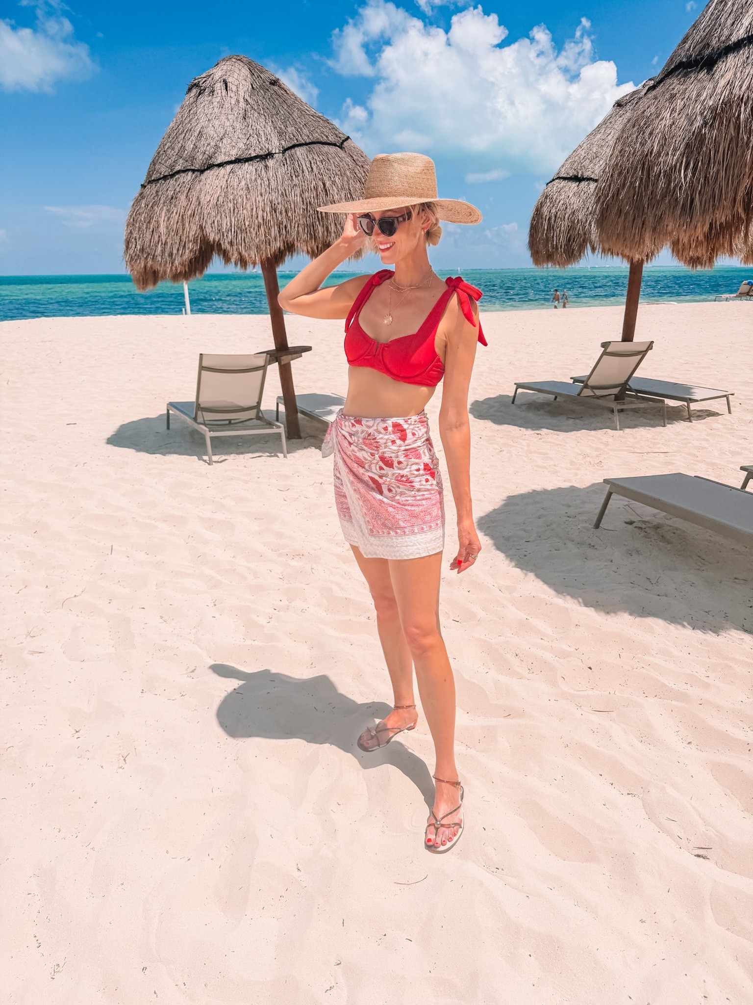 @Beach Riot swimsuit and @Lack of Color hat with Amazon coverup and Dolce Vita sandals