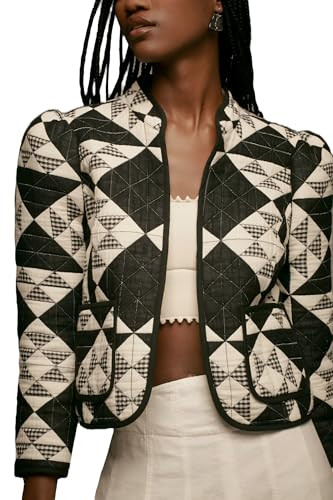 YEXPINE Women's Cropped Plaid Quilted Jacket Lightweight Long Sleeve Button Down Puffer Padded Coats with Pockets | Amazon (US)