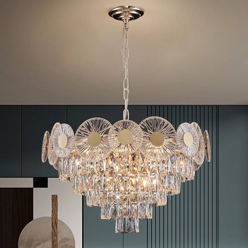 Poemoon Luxury Crystal Lighting 24in Living Room Light Contemporary Chandelier Gold 6-Tier Round ... | Amazon (US)