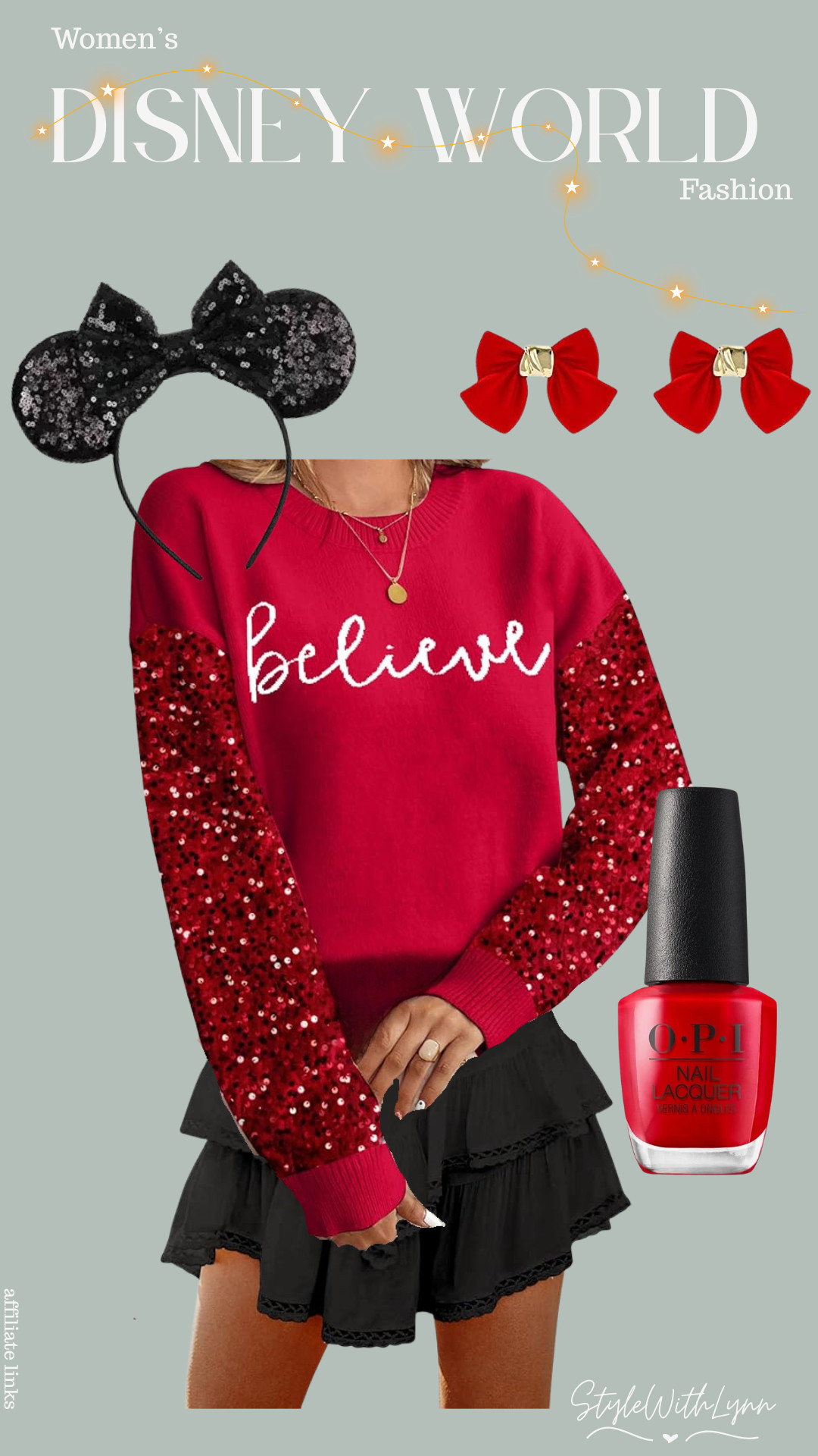 This outfit is for the girlies who love a little extra sparkle during the holidays! The sequin-sleeve Believe top shines with every step, paired with glittery mouse ears, a flowy skirt, and the sweetest bow earrings. It’s festive, feminine, and perfect for park photos, Christmas parties, or strolling down Main Street with a peppermint mocha.

#disneyoutfit #disneyworldstyle #holidaydisneyoutfit #disneychristmas #disneyparksfashion #womensdisneyoutfit #disneyworldoutfits
#amazonfinds 

 #LTKHoliday #LTKootd #LTKSeasonal