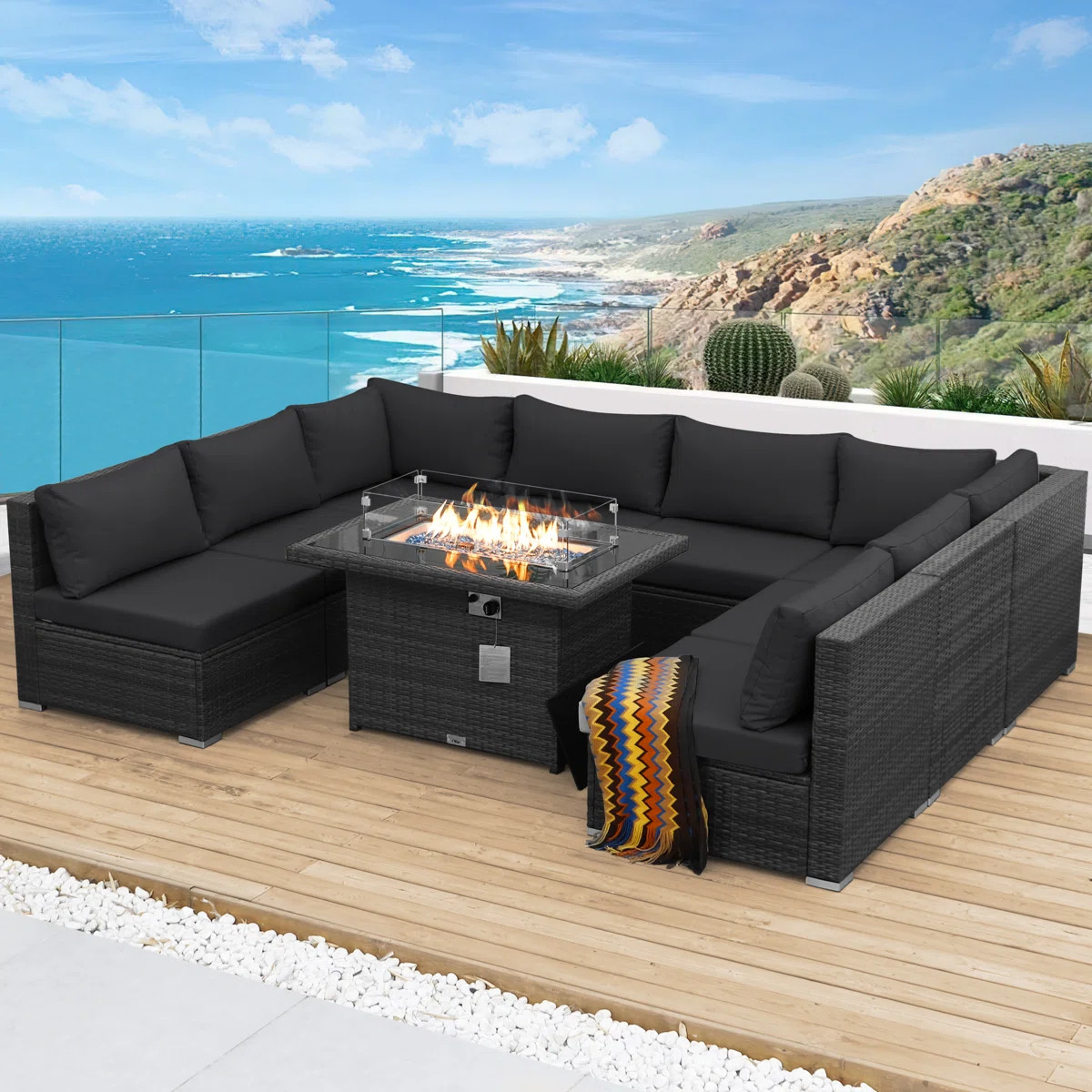 Alcalde 9-Piece Outdoor Wicker Conversation Set, Modular Sectional & 60,000 BTU Propane/Natural G... | Wayfair North America