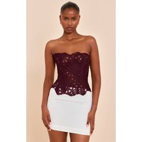 Dark Plum Textured Sheer Floral Lace Corset | PrettyLittleThing US