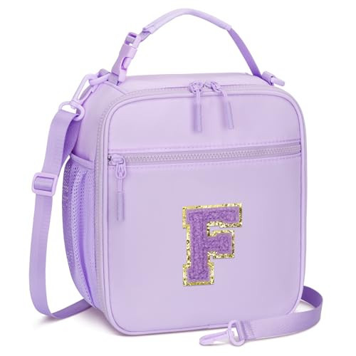 CLOUDWINGS Initial Insulated Lunch Bag for Girls Kids, Back to School Gift, Reusable Leak-proof Lunch Box with Adjustable Strap for School Daycare Travel Picnic (Purple,F) | Amazon (US)