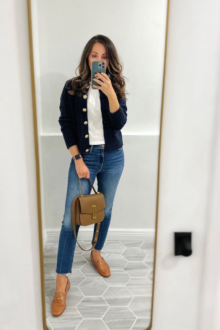 These classic cognac loafers are 25% off - tts. Take 20% off on the classic bag with code BF20. Jeans tts. Cardigan in small. Tee in xs. 
 #classicstyle #motherdenim #jcrew

#LTKCyberweek 

#LTKshoecrush #LTKsalealert