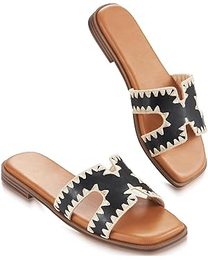 Womens Sandals Slip On Fashion Flat Sandals Soft Memory Foam Slides Comfortable Leather Open Toe ... | Amazon (US)