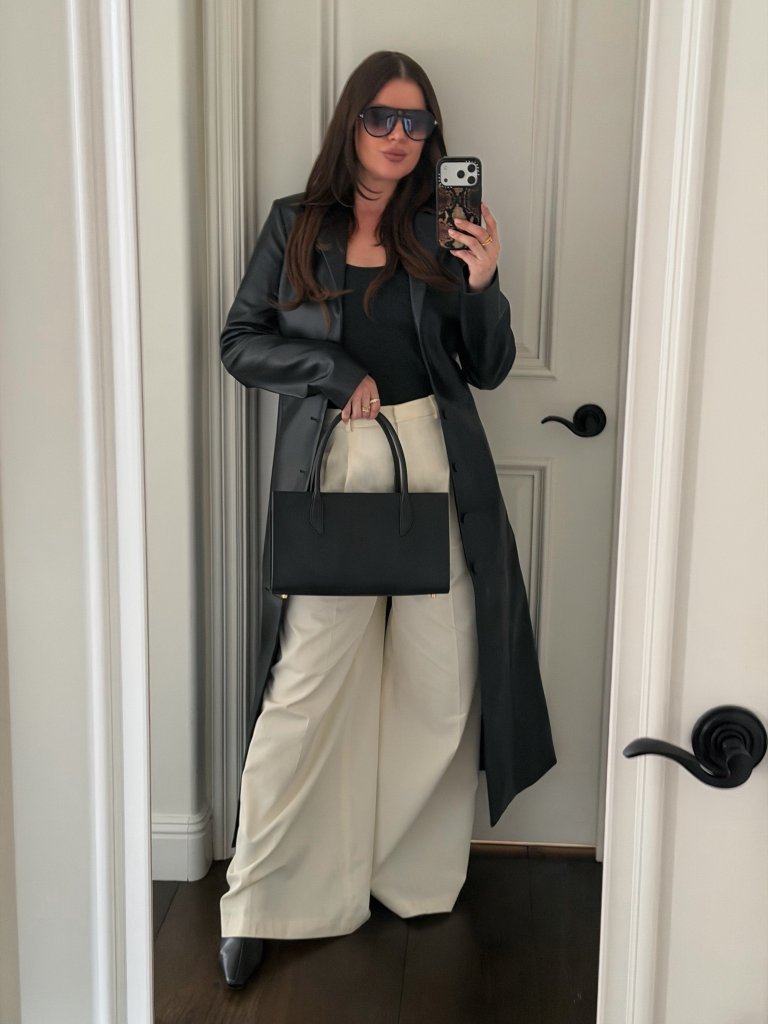 The perfect spring outfit for work or for running errands if you want to look put together and chic! 

Styling a black leather trench coat with a charcoal tank, nude wide leg pants, black leather sling backs and a small black leather tote. Adding gold jewelry and aviator sunglasses to finish the look.

Everything size S, fits true to size.

#LTKWorkwear #LTKgrwm #LTKootd