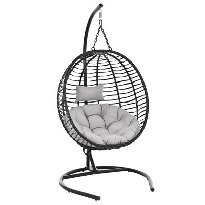 Single Person Folding Egg Chair with Stand, Hanging Egg Chair Indoor Outdoor, Wicker Hammock Swing Chair with Adjustable Anti-Slip Feet,Suitable for B | Wayfair North America
