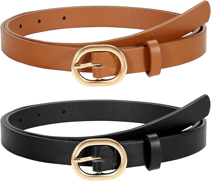 WERFORU 2 Pack Women's Skinny PU Leather Belt with Gold Buckle Ladies Thin Leather Plus Size Wais... | Amazon (US)