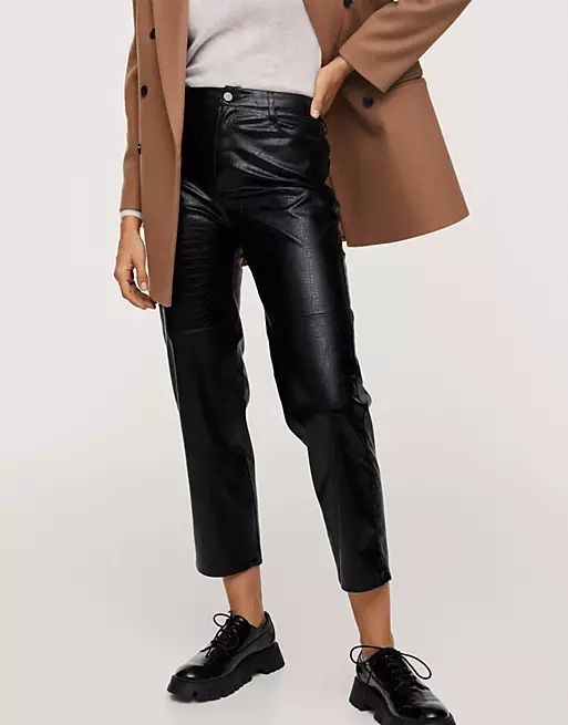 Mango straight leg faux leather croc trousers in black | ASOS (Global)