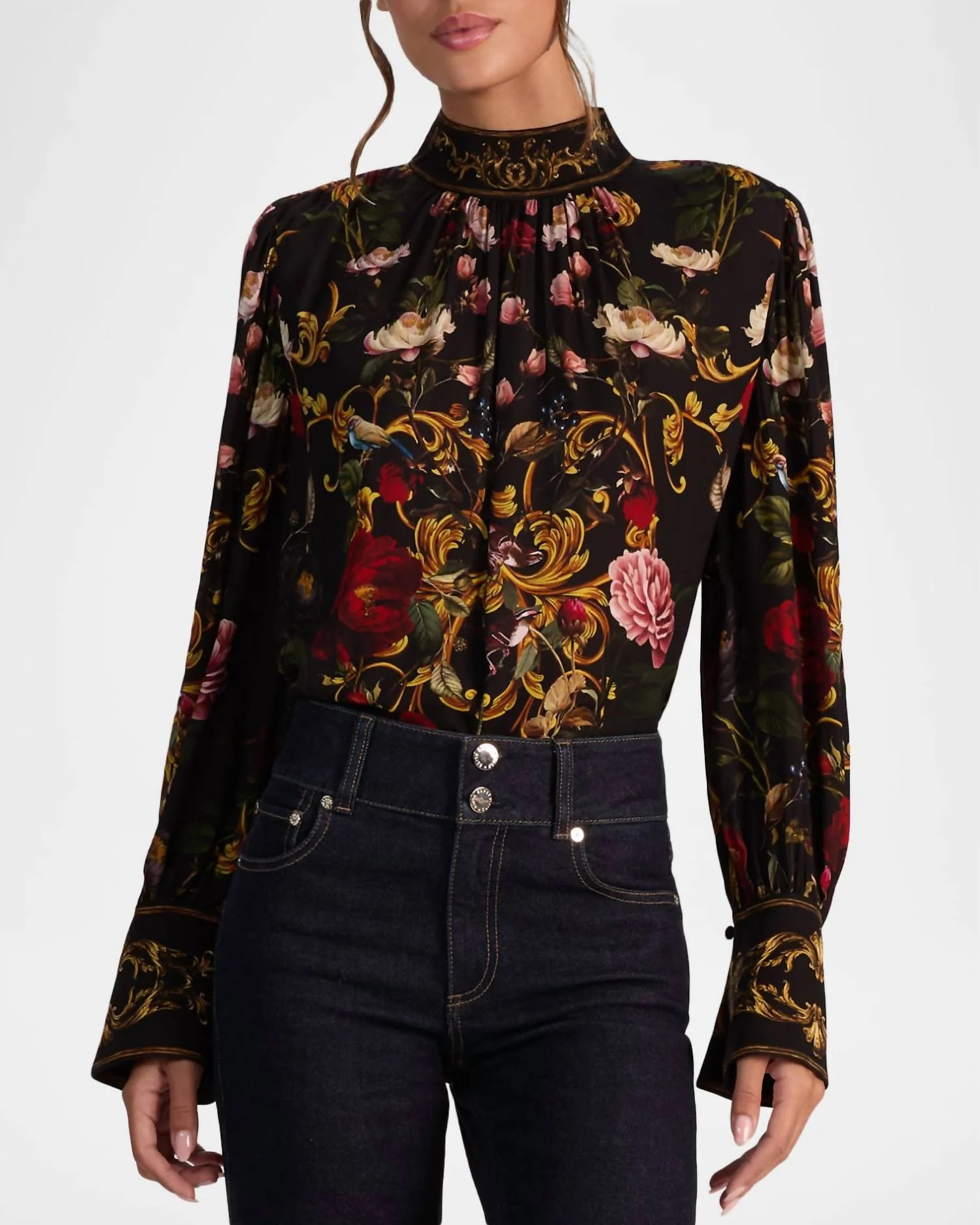 Marion Floral Mock-Neck Blouse In Evermine | Shop Simon