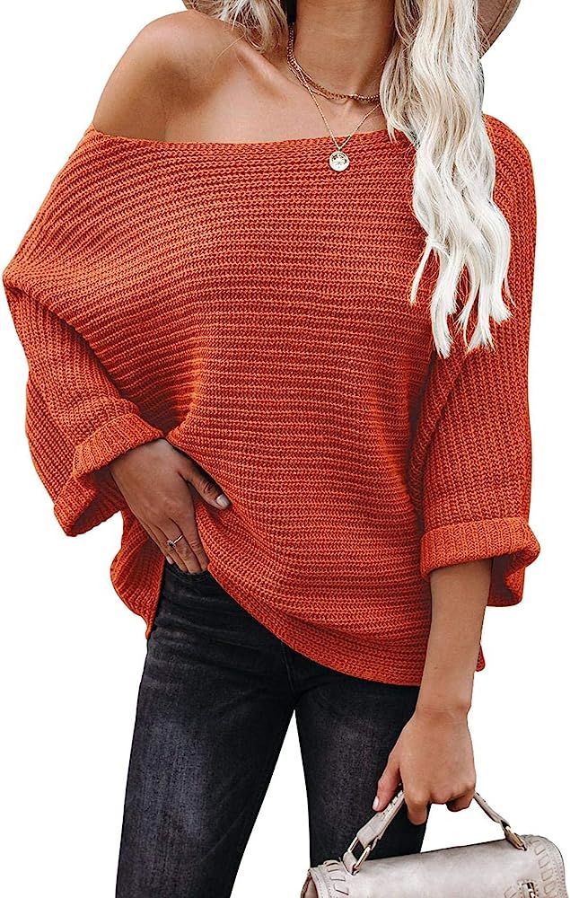 KIRUNDO Women's Off Shoulder Sweaters Batwing 3/4 Sleeves Casual Loose Fit Solid Pullovers Knit Jump | Amazon (US)