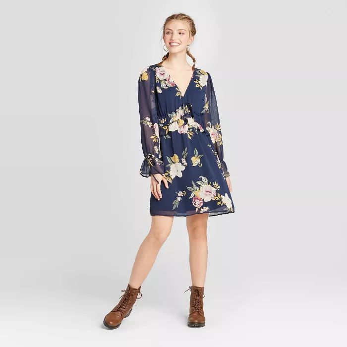 Women's Floral Print Long Sleeve V-Neck Tie Front Mini Dress - Xhilaration™ Teal | Target