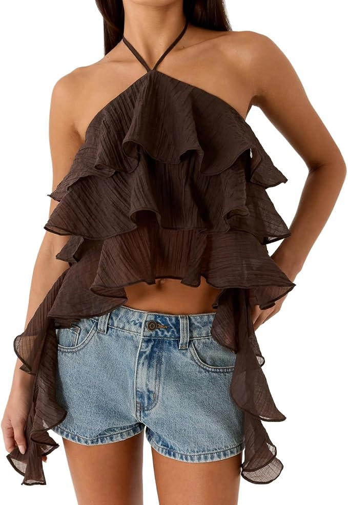 Women Tiered Ruffle Halter Top Solid Color Open Back Tie Asymmetrical Tank Tops Summer Flowy Goin... | Amazon (US)