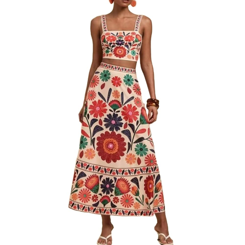 Womens Printed Skirt Outfits Floral Halter Crop Top A Line Maxi Skirt Casual Going Out Sets | Amazon (US)