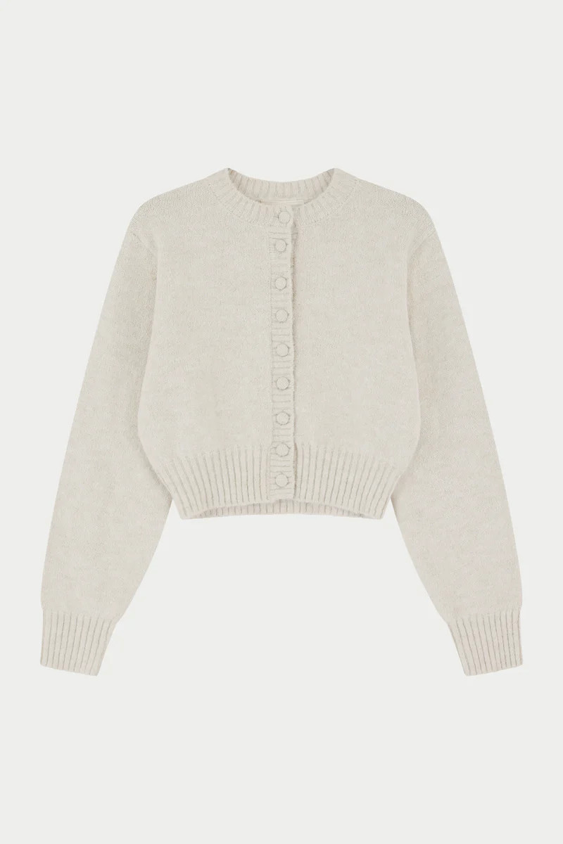 EMBLEM EMBROIDERED KNIT CROP CARDIGAN - OAT | The Couture Club