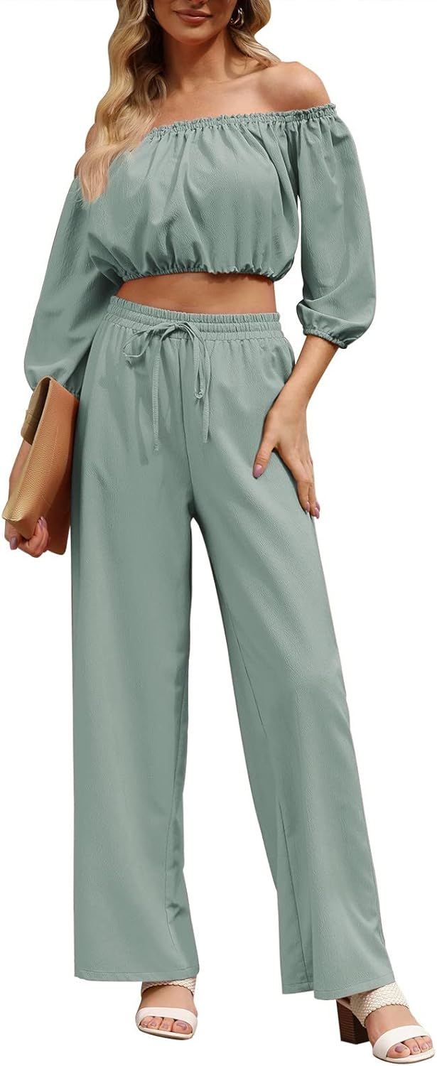 Fixmatti Women 2 Piece Summer Outfits Off Shoulder Crop Top Matching Wide Leg Pant Sets | Amazon (US)