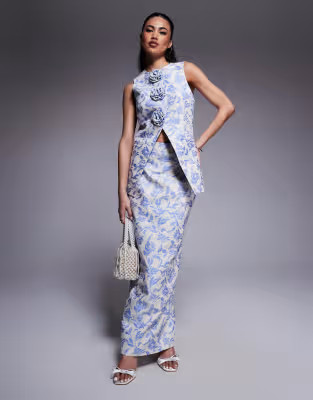 ASOS LUXE jacquard tailored skirt with split back and jacquard vest with 3D flowers set in tapest... | ASOS (Global)