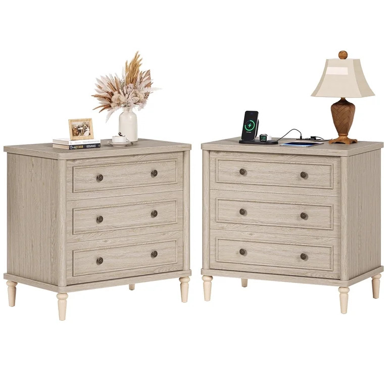 Bestier Farmhouse Nightstand Set of 2 with 3 Drawers, Wood Bedside Table Night Stand with Chargin... | Walmart (US)