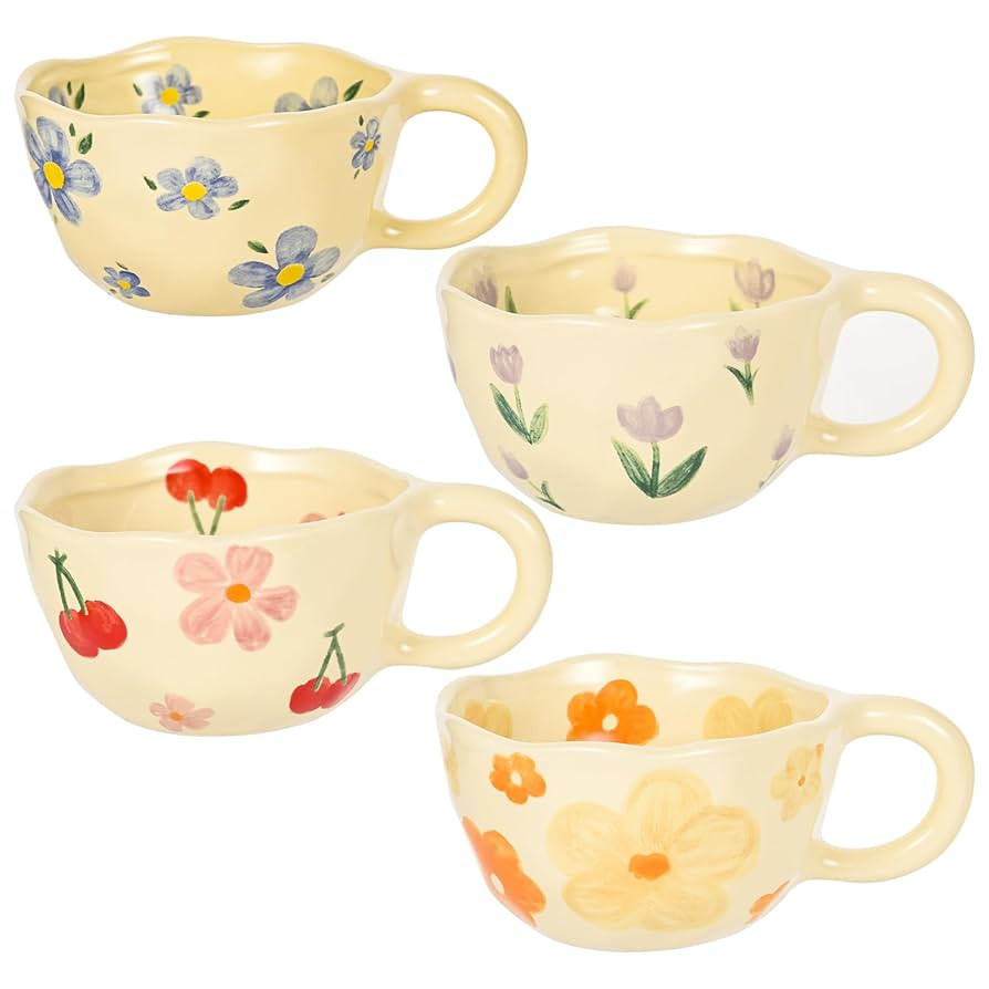 Ceramic Coffee Mug Vintage Flower Mugs 8 oz Cute Floral Coffee Mugs Irregular Latte Art Cup Lead-... | Amazon (US)