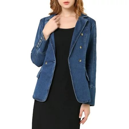 Women's Lapel Jeans Blazer Long Sleeve Denim Jacket w Pockets | Walmart (US)