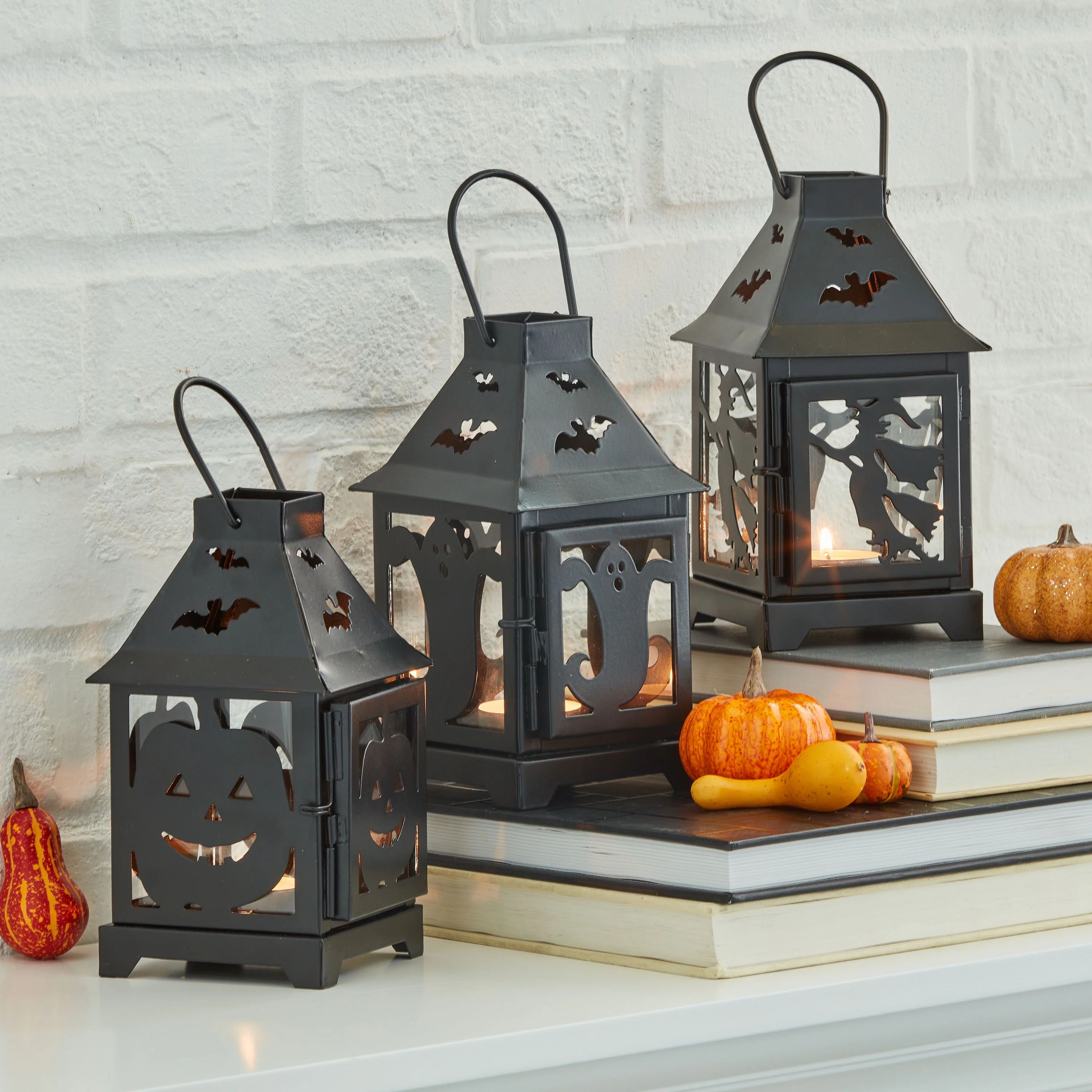 Way To Celebrate Halloween Metal & Glass Tea Light Holder Decoration, Ghost, Witch & Pumpkin, Set... | Walmart (US)